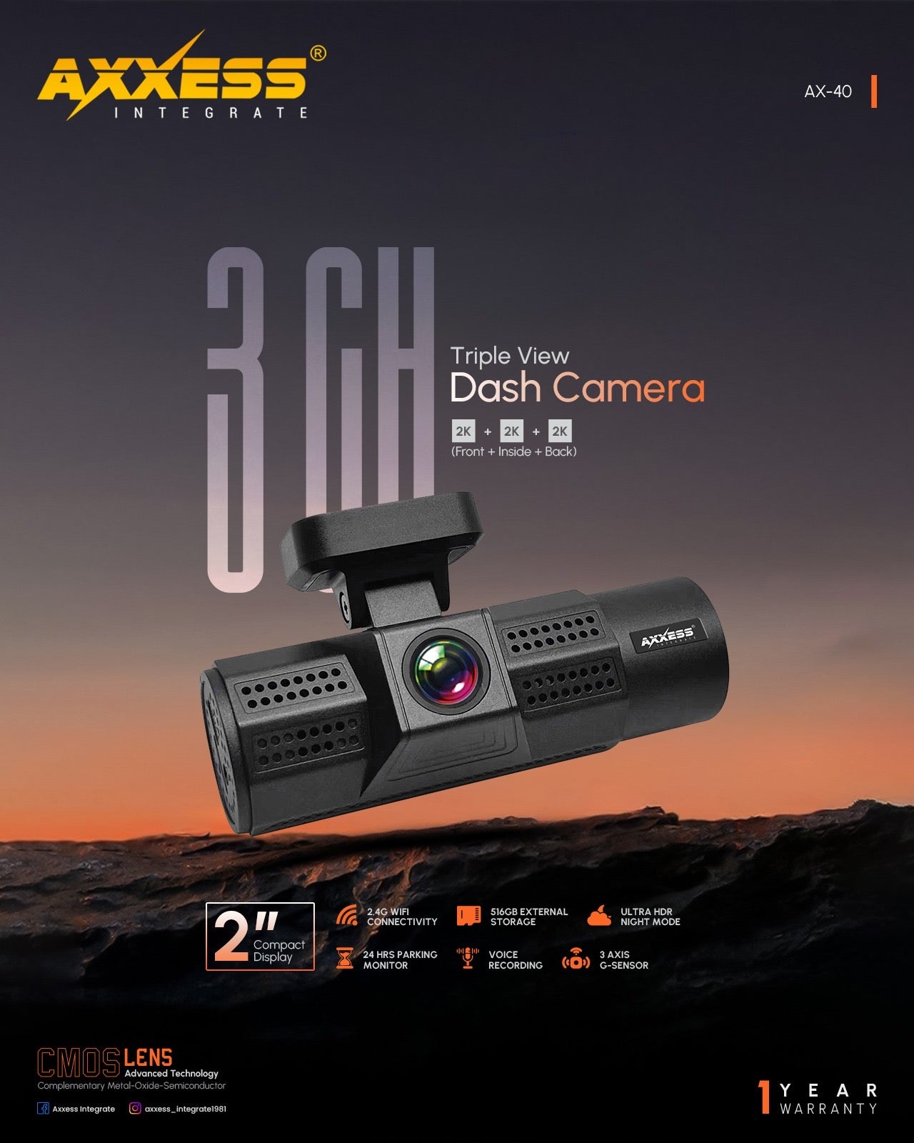 Axxess 3CH Triple Dash Camera (Front+Inside+Back) 24H Monitor