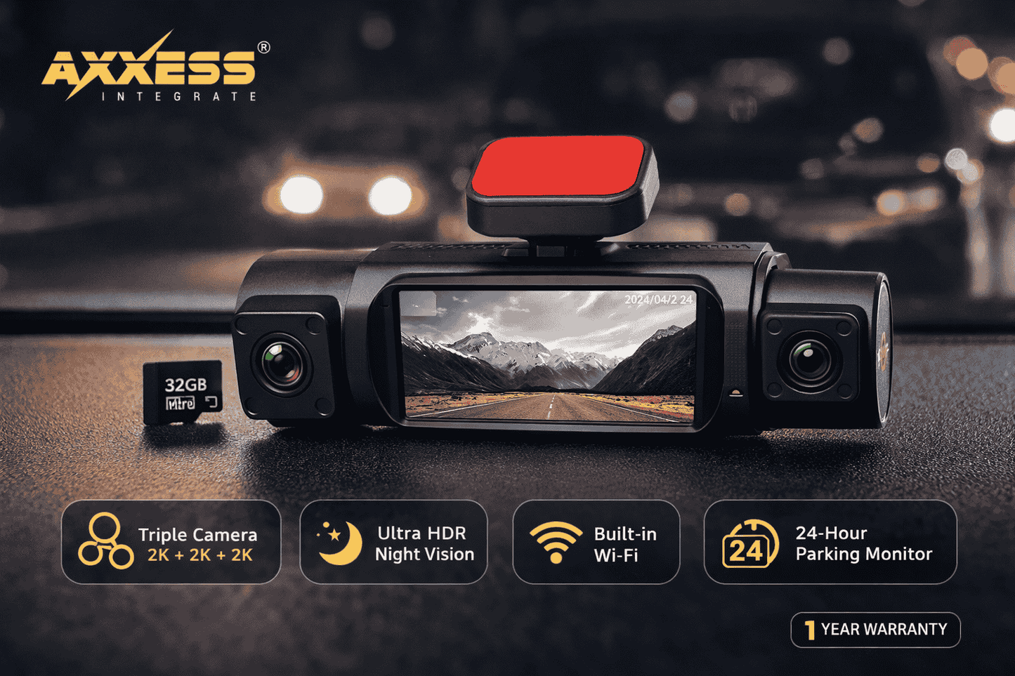 Axxess 3CH Triple Dash Camera (Front+Inside+Back) 24H Monitor