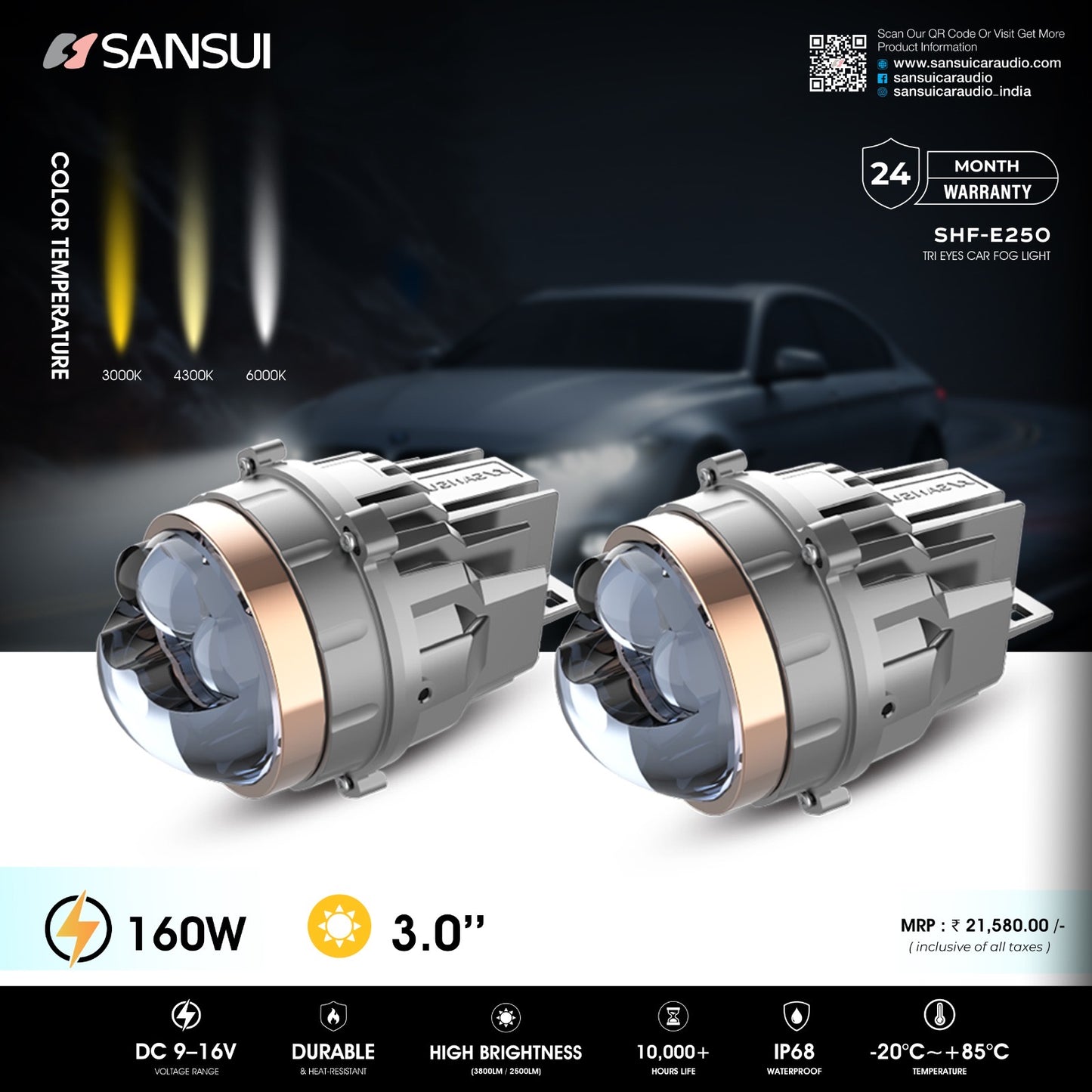 Sansui SHF-E250 Tri Eye 160W Fog Light Projector | 3.0 Inch | Triple Colour (3000K/4300K/6000K) | 2 Years Warranty